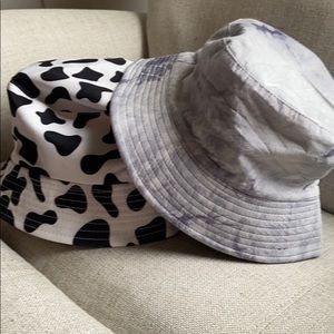 2 Bucket Hats cow print and neutral gray tie dye